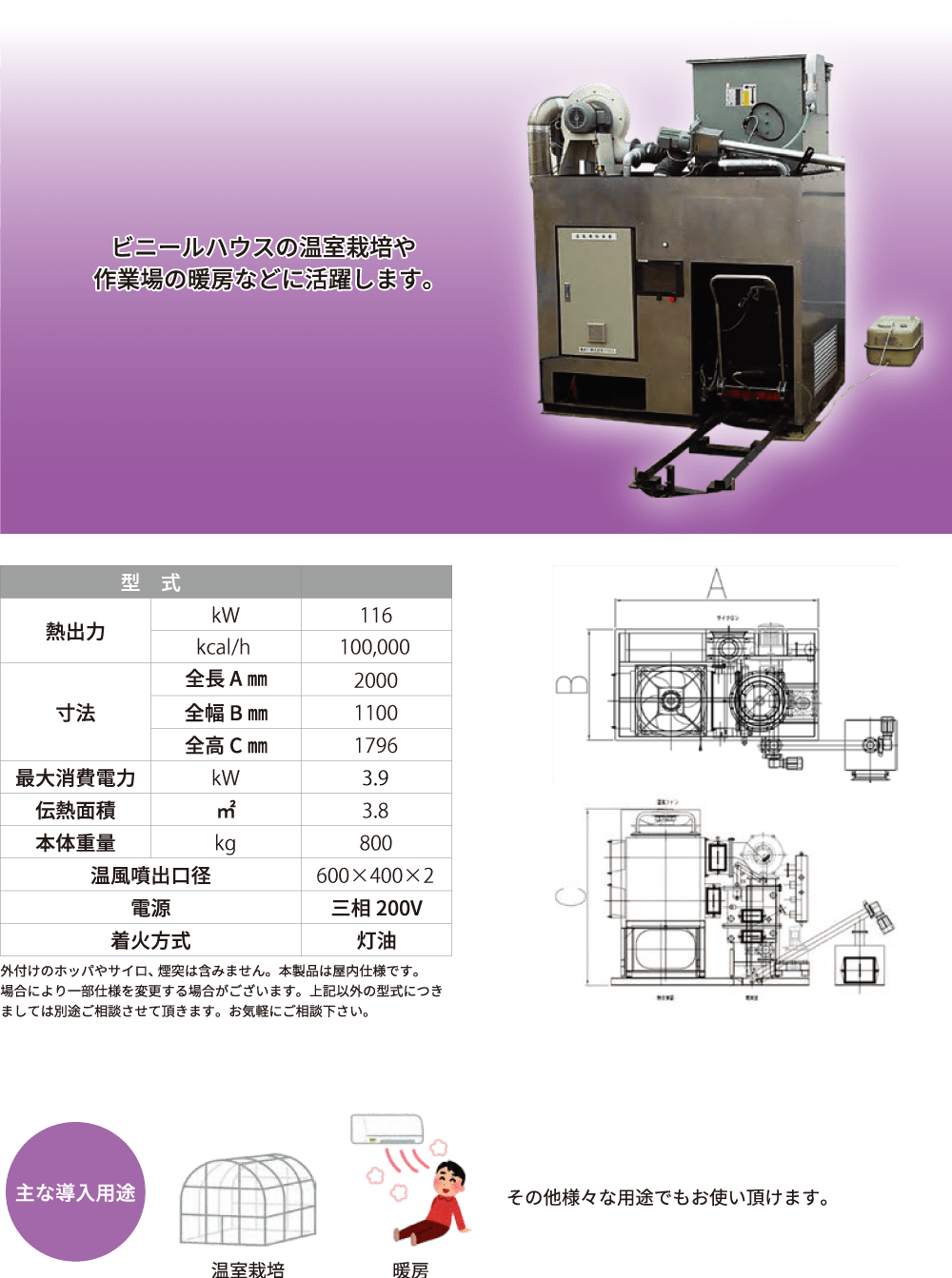 ビニールハウスの温室栽培や作業場の暖房などに活躍します。